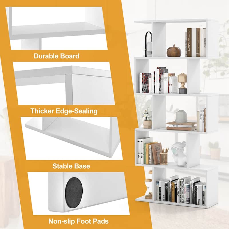 5-Tier Bookshelf S-Shaped Bookcase Room Divider Storage Display Shelf