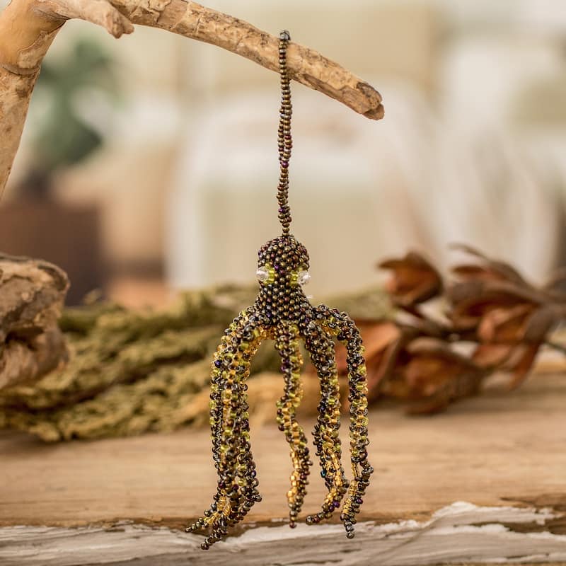 Novica Handmade Bronze Aquatic Life Crystal And Glass Beaded Ornament