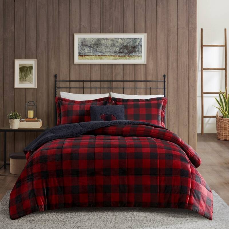 GDF Studio - Alton Plush to Sherpa Down Alternative Comforter Set - Plaid - Red Plaid (King)