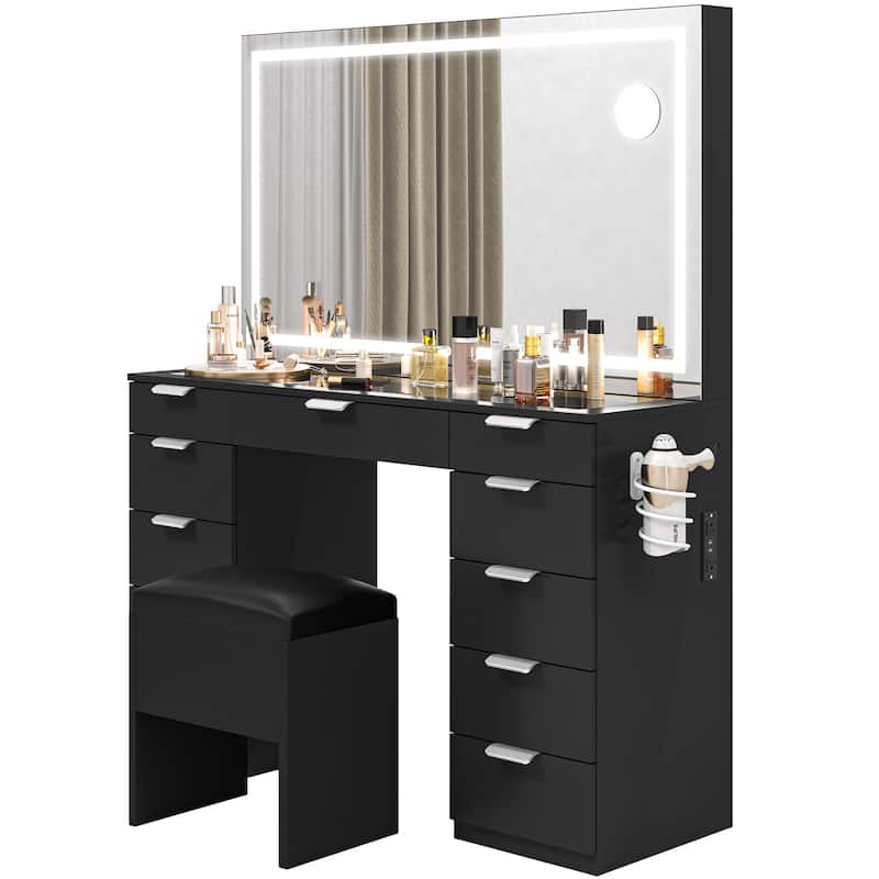 Moasis White 10-Drawer Cosmetic Vanity Desk Set with Glass Tabletop Makeup Vanity with LED Strip - Black