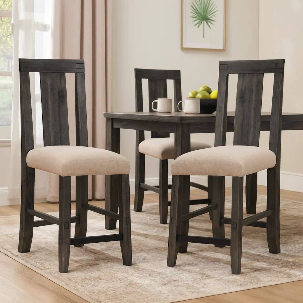 43 Inch Pim Acacia Wood Counter Stool, Panel Back Design, Set of 2, Gray