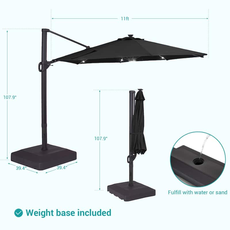 Bonosuki 11Ft Aluminum LED Cantilever Patio Umbrella with Base for Patio Deck Garden
