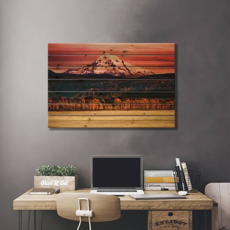 Mountain Sunset River Mt. Hood Oregon Columbia River Gorge Print On Wood by Nature Magick - Multi-Color
