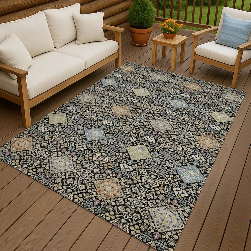 Machine Washable Indoor/ Outdoor Boho Panel Chantille Rug - Black - 2'6" x 3'10"