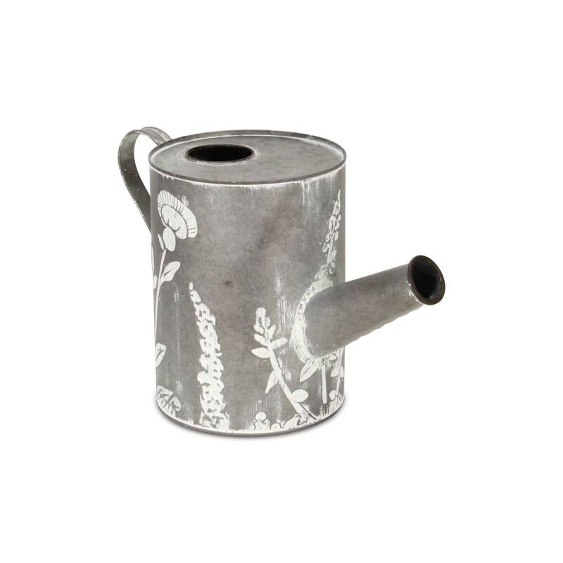 HomeRoots 8" Gray And White Galvanized Metal Flowers Hand Painted Decorative Watering Can - 13.25 in. x 8.25 in. x 6.25 in.