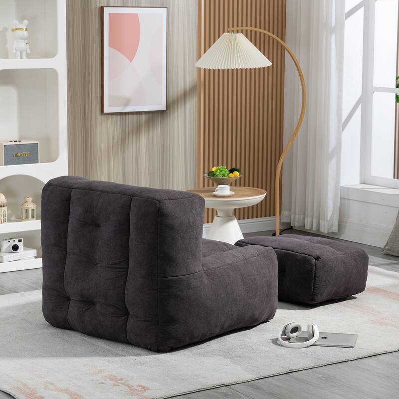 Fluffy Bean Bag Chair with Memory Foam and Ottoman, Super Soft Velvet Bean Bag for Adults & Kids, Comfortable Lazy Sofa