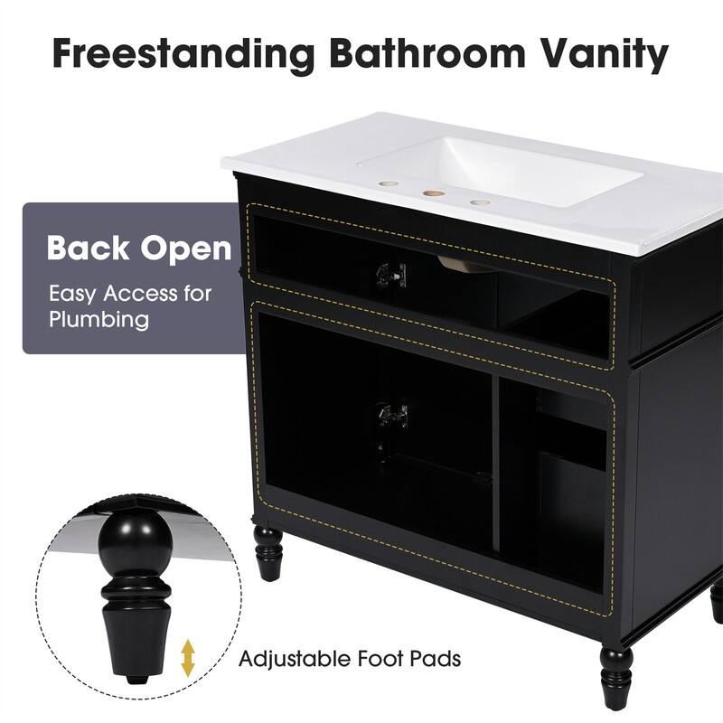 36" Bathroom Vanity with Ceramic Sink Combo, Freestanding Bathroom Storage Cabinet with 2 Storage Drawers and 2 Doors