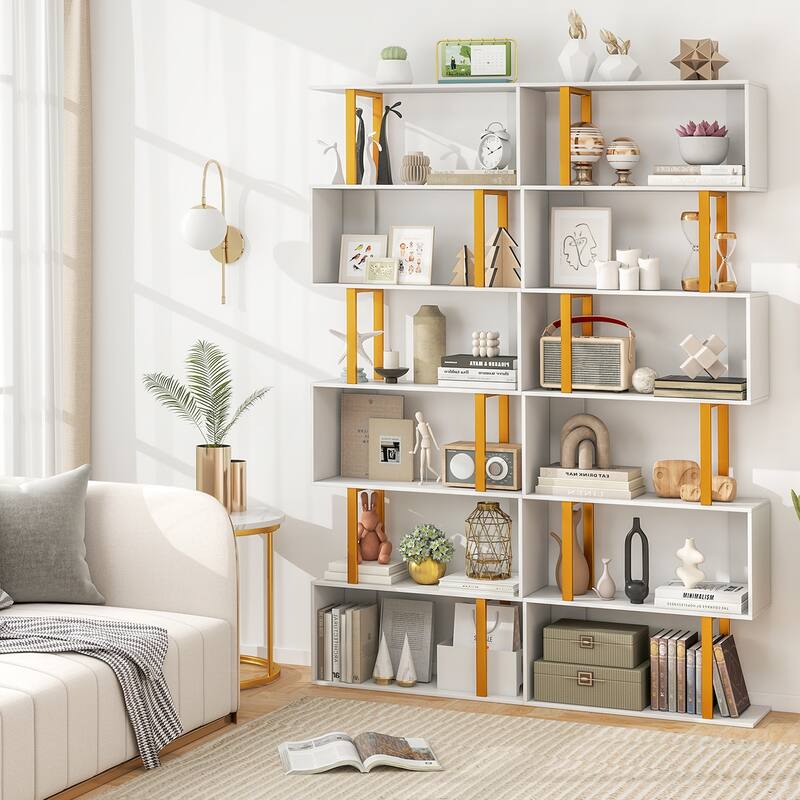 Gymax 6-Tier Geometric Bookcase 74.5-Inch S-Shaped Bookshelf w/ Metal