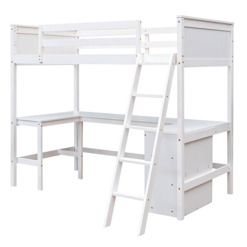 Roomfitters Twin Size Loft Bed with Desk and Storage Shelves, White