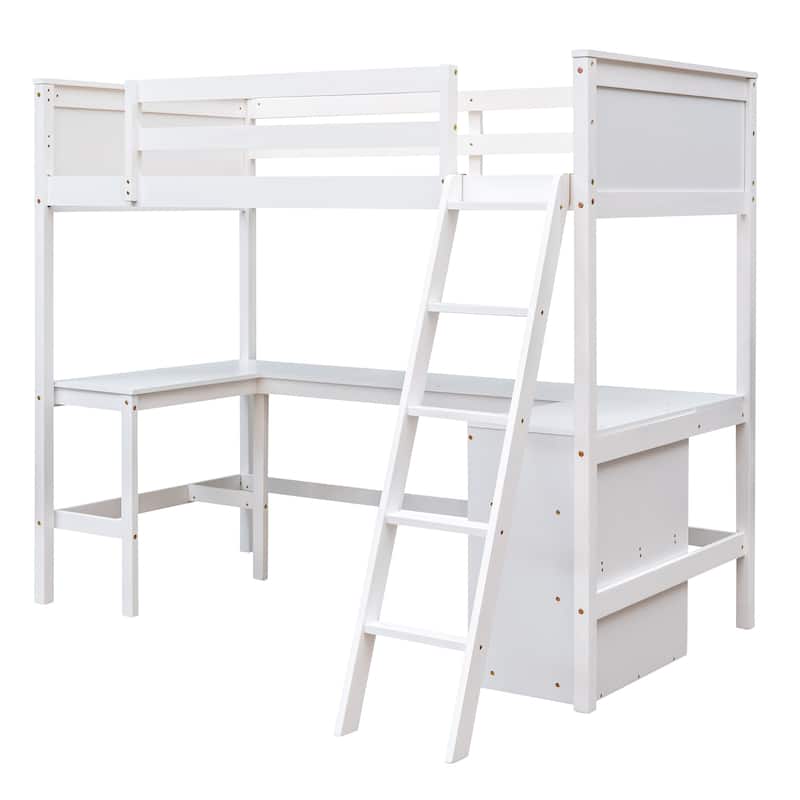 Wooden Twin Loft Bed with Desk, Shelves and Guardrails, Space Saving Design for Kids and Teens