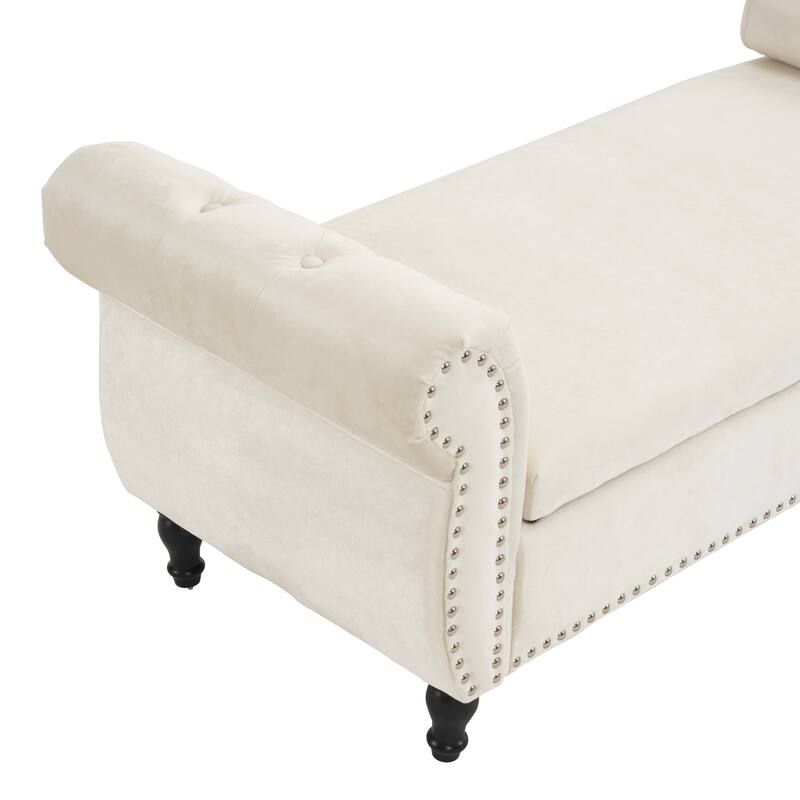 Rectangular Beige Velvet Storage Ottoman Bench with Pillow for Bedroom Living Room