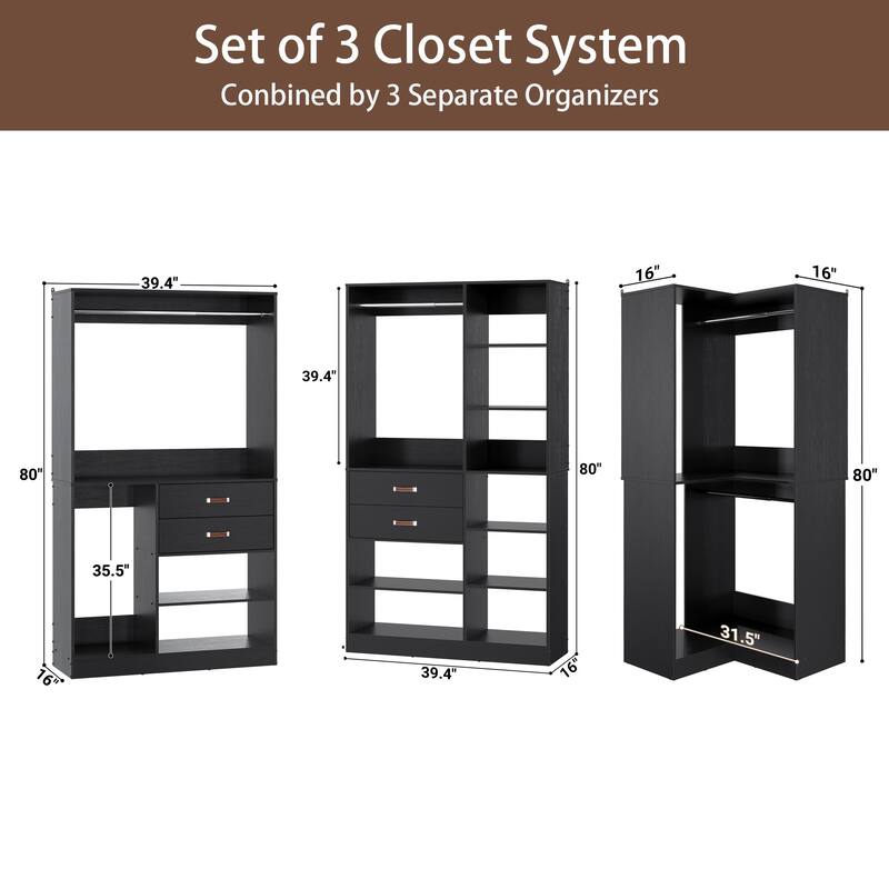 Vryon 110'' Set of 3 Freestanding Corner Closet System, Reversible Closet Organizer with Drawers and Hanging Rods