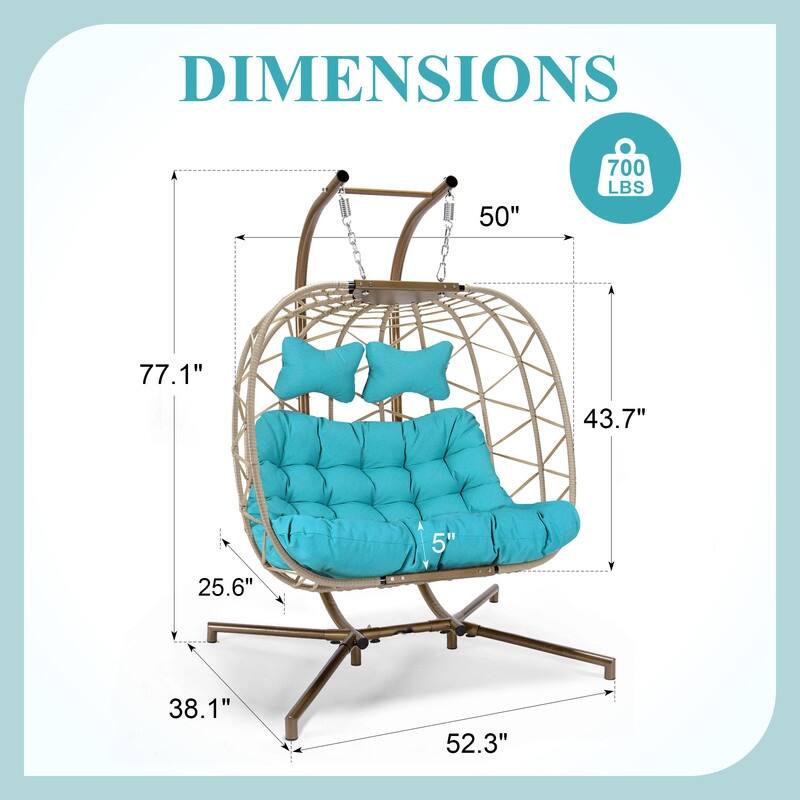 Oversized Outdoor Double Egg Hanging Chair with Cushions, 700 lbs Capacity Swing Chair for Indoor or Patio