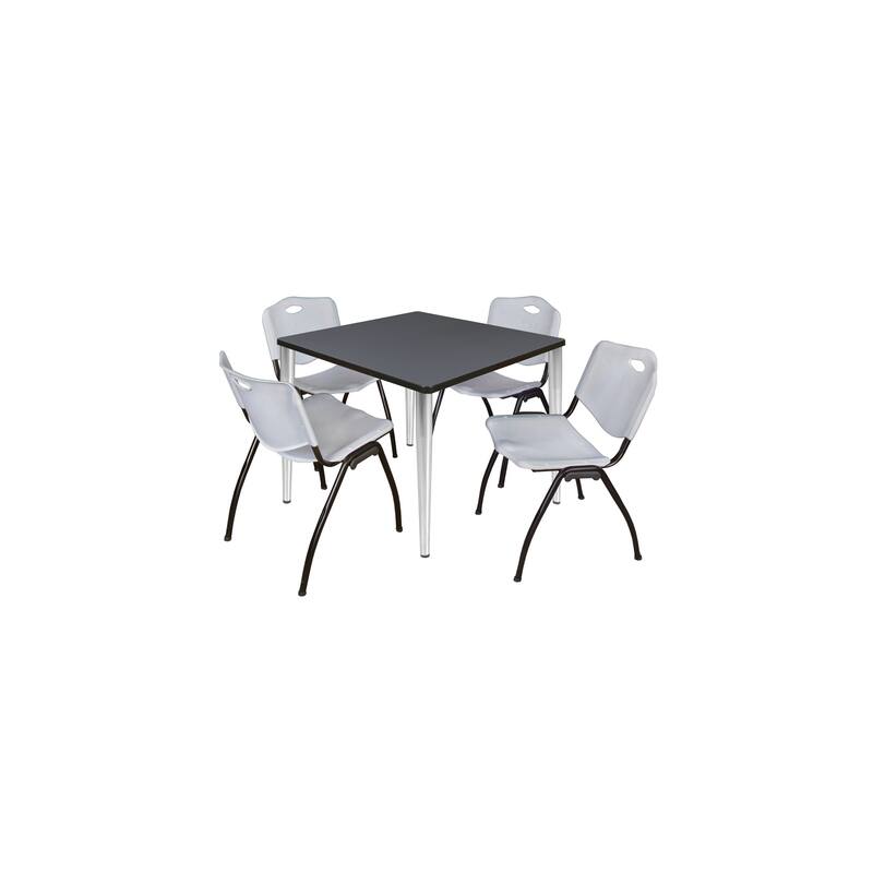 36 in. Square Breakroom Table- Grey Top, Chrome Base & 4 M Stack Chairs- Grey