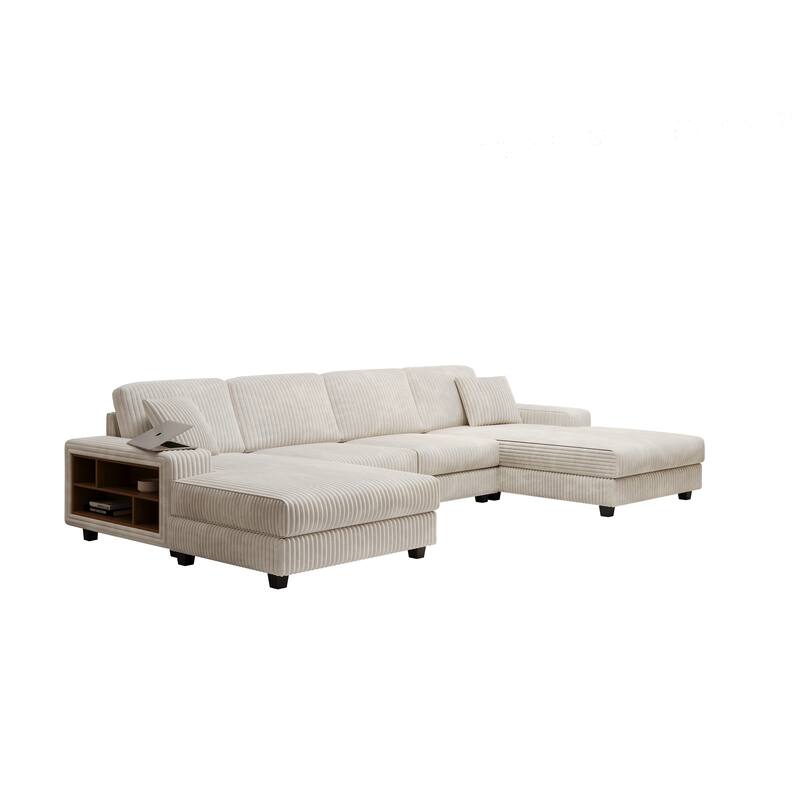 139.76" Corduroy U-Shape Sectional Sofa with Storage Armrests and Pocket Spring Cushions