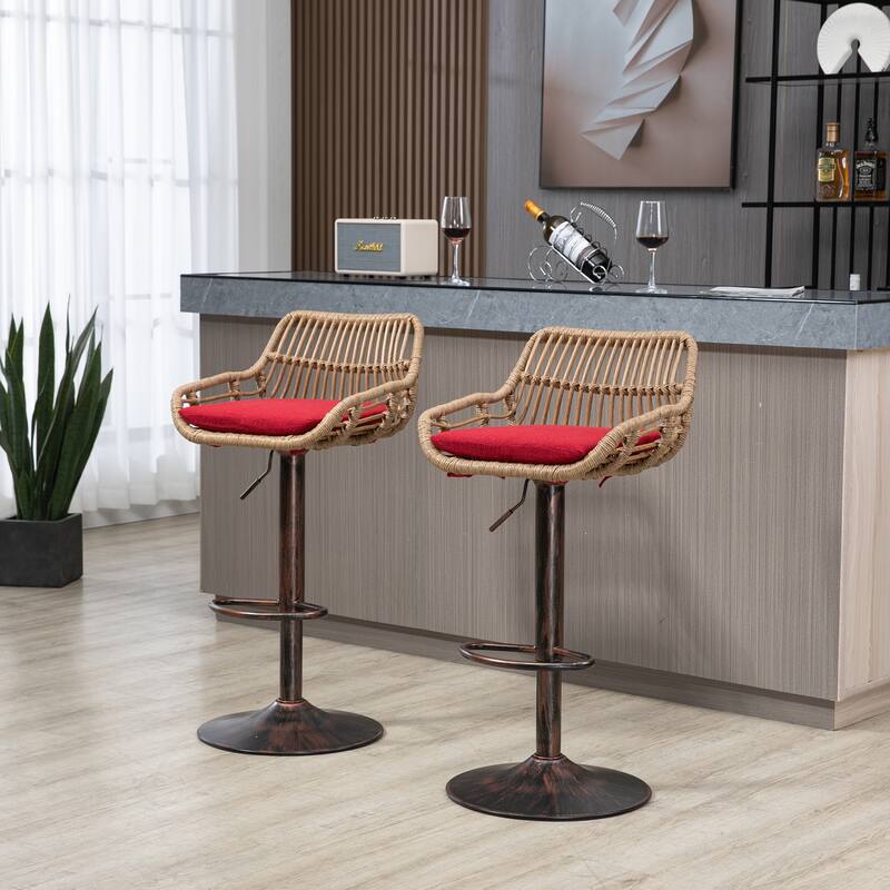 360° Swivel Bar Stools Set of 2, Adjustable Counter Height Chairs with Footrest, Rattan Bar Chairs with Cushions