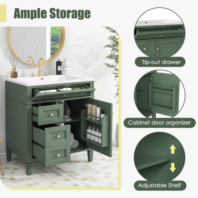 30''/36'' Bathroom Vanity with Top Sink, Modern Bathroom Storage Cabinet with 2 Drawers, a Tip-out Drawer & Adjustable Shelf