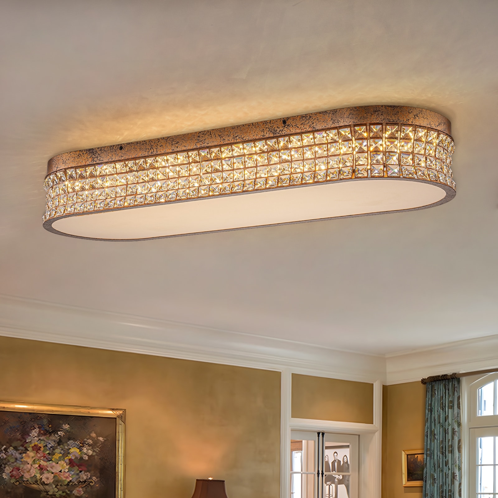 Retro French 38.6" W Antique Brass Linear Rectangle LED Crystal Flush Mount Ceiling Light