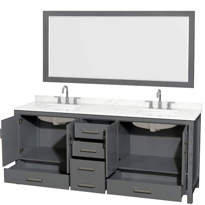 Sheffield 80-inch Double Vanity, 3 Hole Quartz Top, 70-inch Mirror