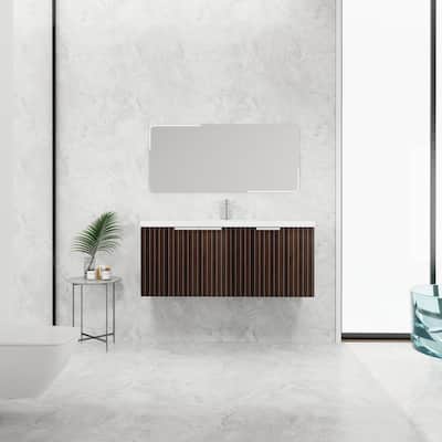 Plywood Wall-Mounted Bathroom Vanity in Brown Stripe with Integrated Resin Sink