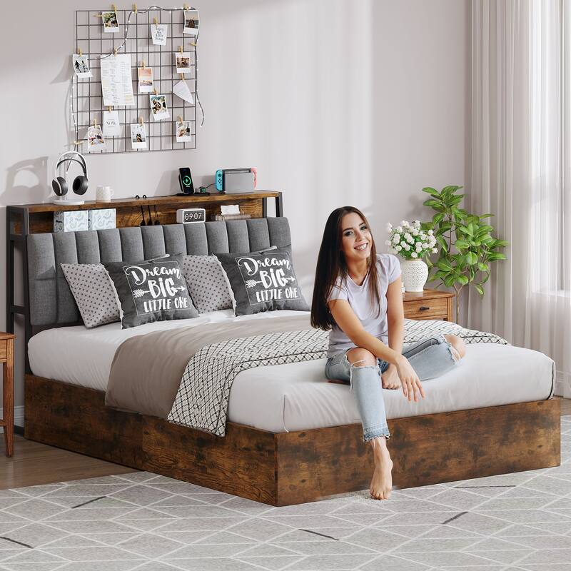 Moasis Lift-Up Storage Bed Frame with Charging Station & Storage Headboard