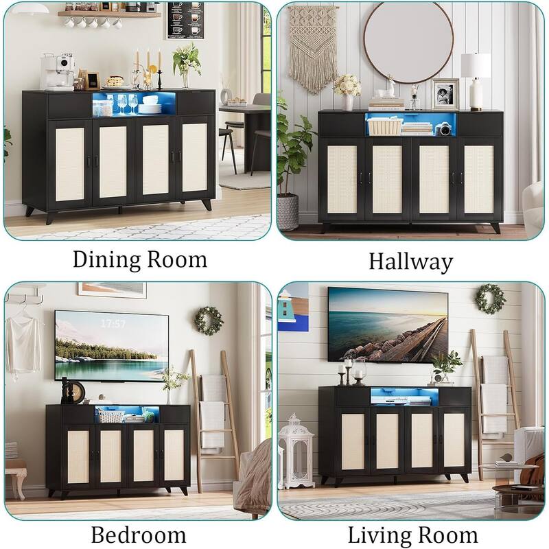 Sideboard Buffet Cabinet, 4 Rattan Doors 2 Drawers Accent Storage Cabinet