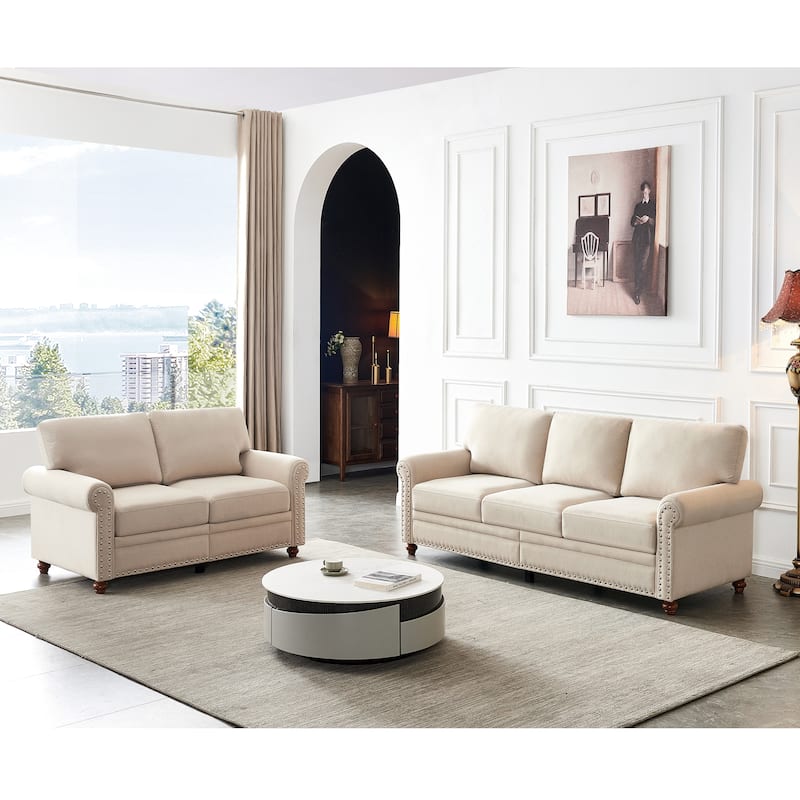 Fabric Upholstered Loveseat Sofa & 3 Seater Couch Set with Storage