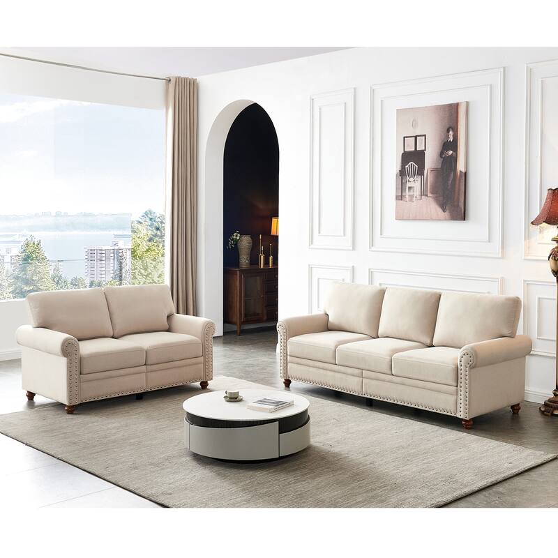 Linen Fabric Upholstery Sectiona with Storage - Beige - 2 Piece