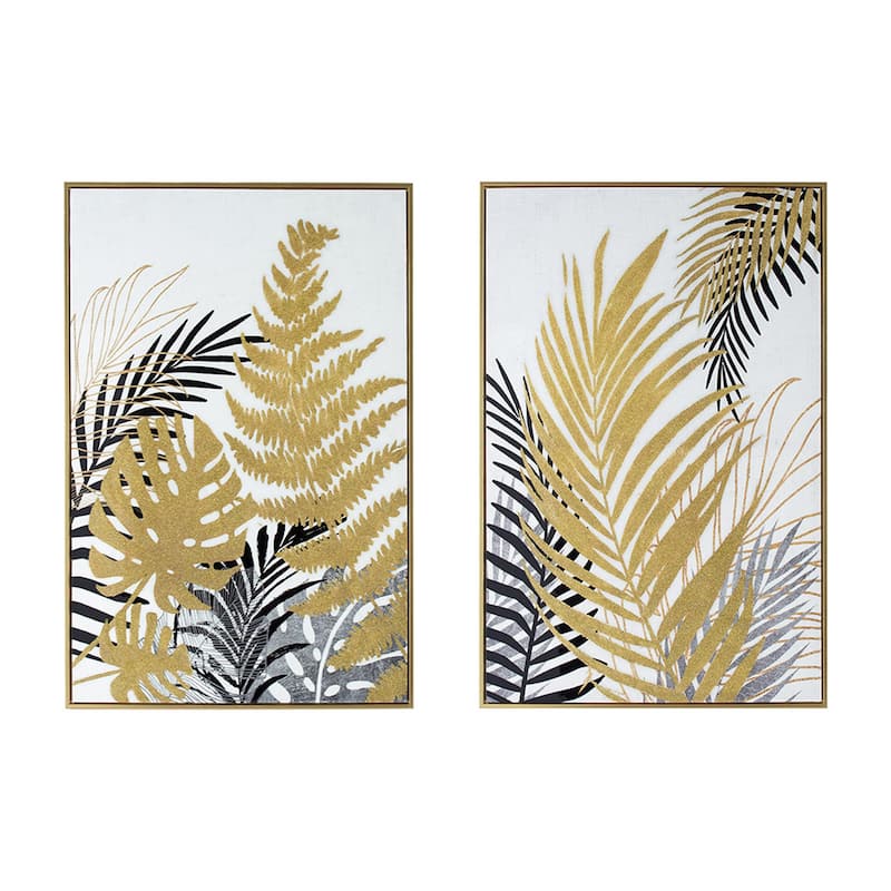 Nir 23 x 35 Set of 2 Palm Leaf Wall Art, Frame Decor, Black Gold, Gray Wood
