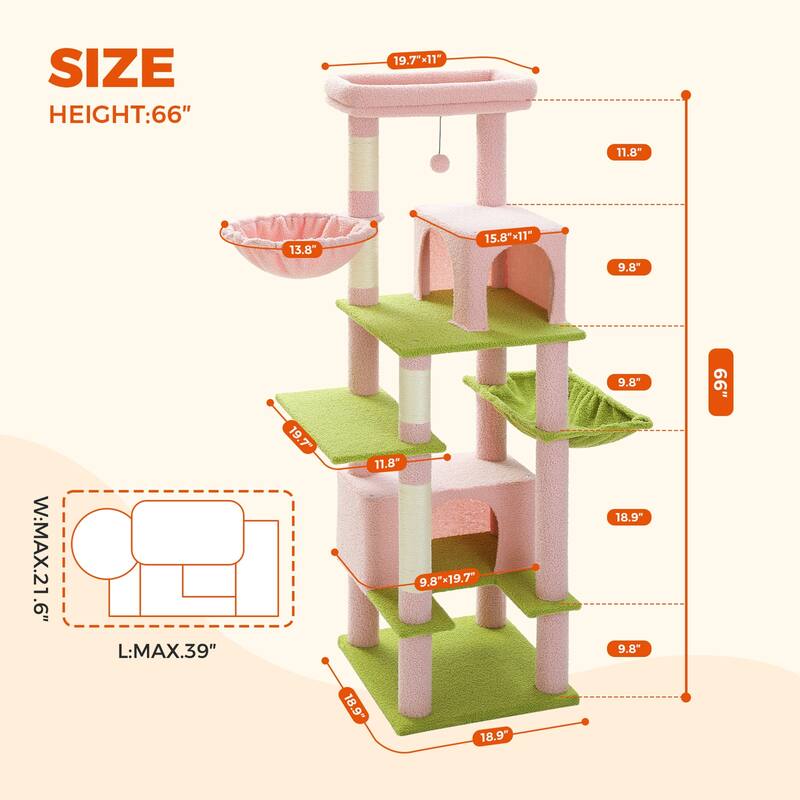 66" Cat Tree, Cat Tower with Sisal-Covered Scratching Post, Super Large Metal Hammock and 2 Big Condos