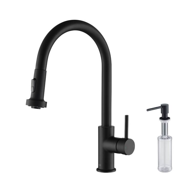 Lead Free Solid Brass Single Level Pull Down Kitchen Faucet with Sprayer - Matte Black W/ Soap Dispenser