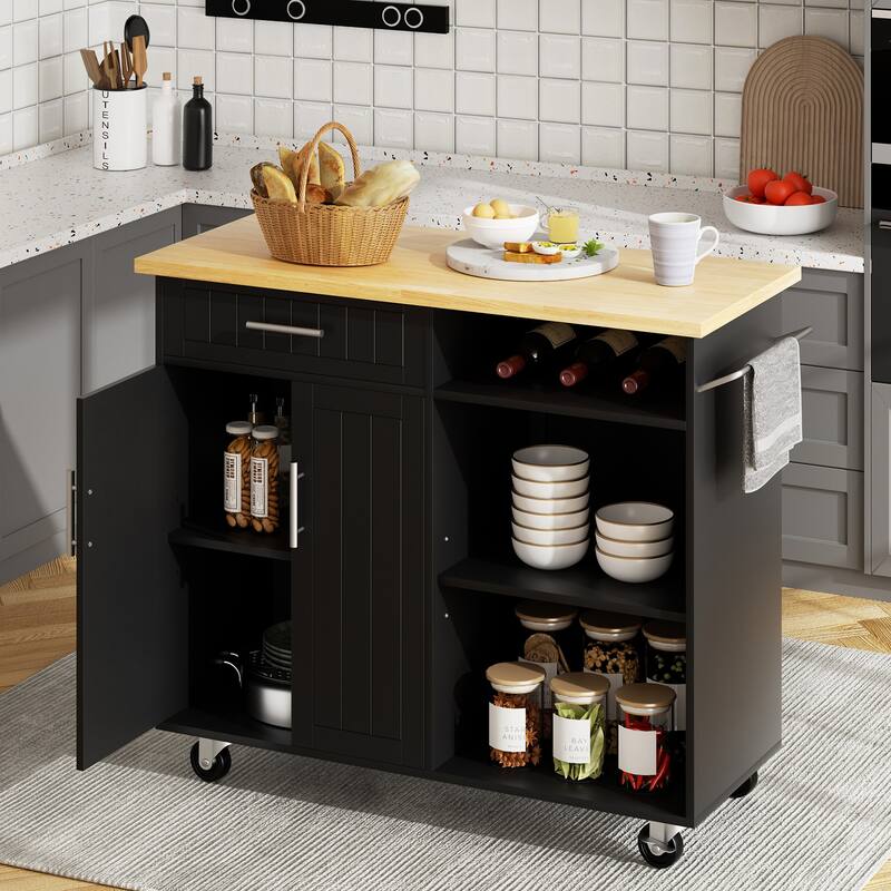 Futzca Mobile Kitchen Island Cart with Wooden Countertop & Drawer - N/A - Black