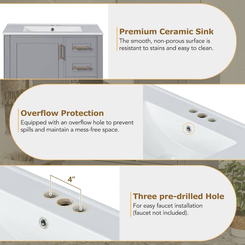 Roomfitters Traditional 30" Bathroom Vanity Set, Floor Standing with Three Drawers, Soft Close Doors, Long Gold Metal Handles