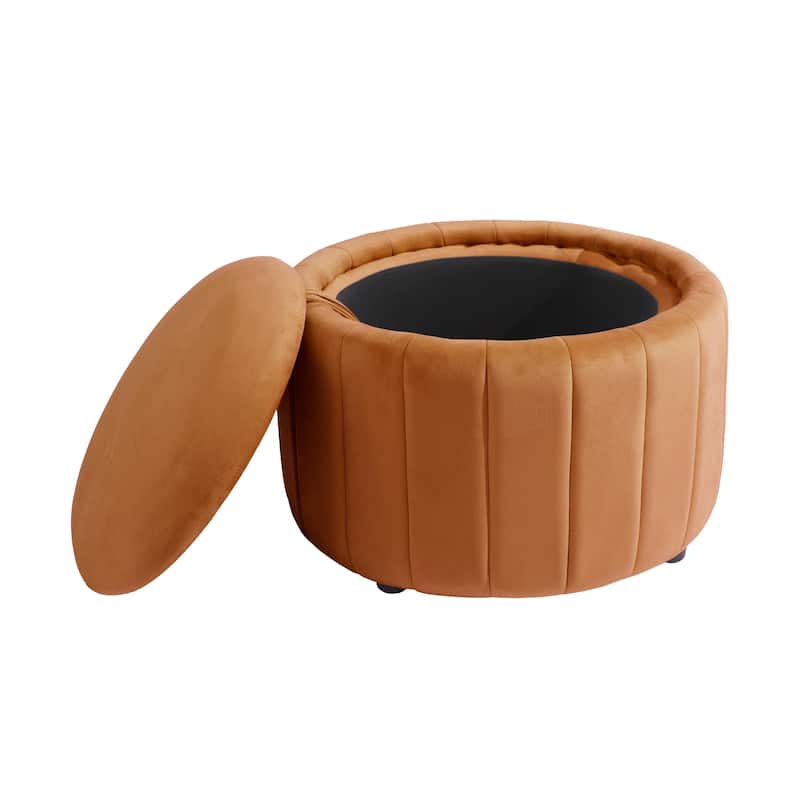 30" W Round Velvet Upholstered Storage Ottoman with Flip Top Tray