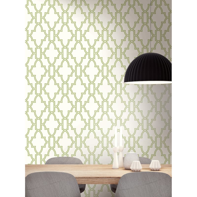 NextWall Green and White Tile Trellis Peel and Stick Wallpaper - 20.5 in. W x 18 ft. L