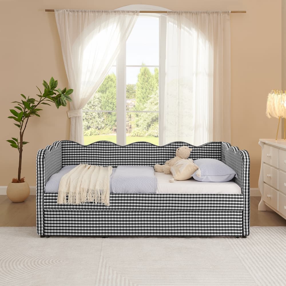 Linen Fabric Gingham Daybed with Trundle, Twin Size Sofa Bed with USB Port and Adorable Wave Shaped Headboard