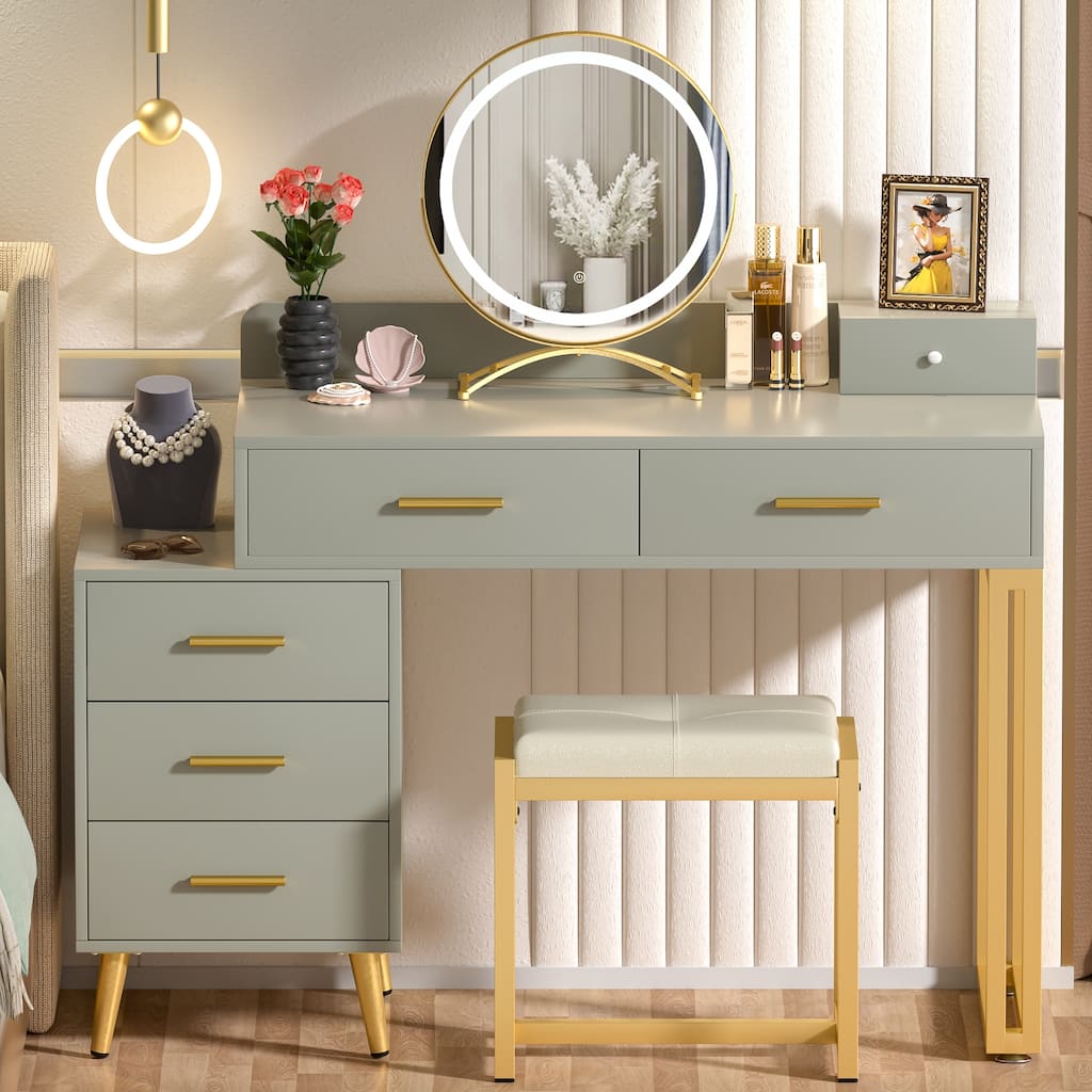 Makeup Vanity Desk with Stool and LED Mirror, Modern Makeup Table Vanity Desk with 6 Storage Drawers