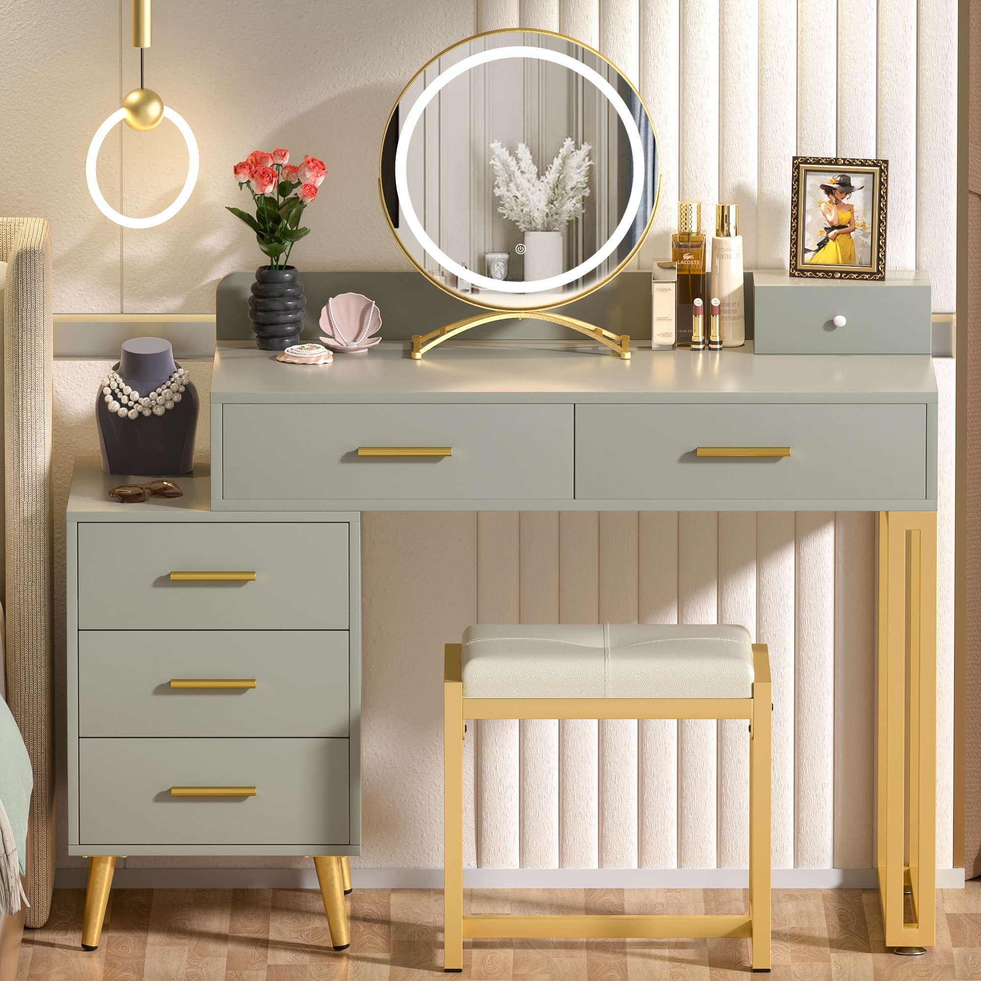 Makeup Vanity Desk with Stool and LED Mirror, Modern Makeup Table Vanity Desk with 6 Storage Drawers