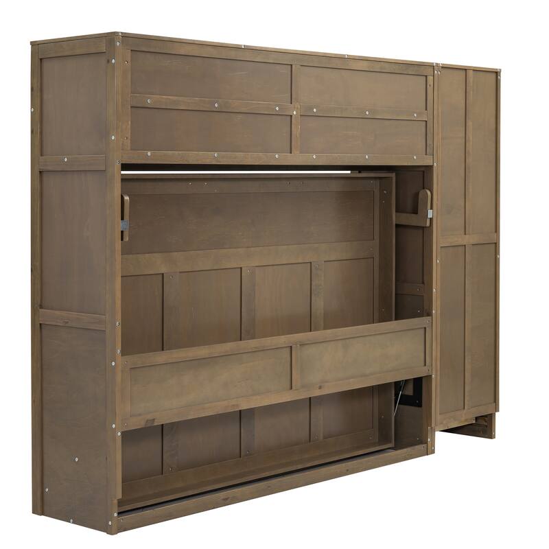 Wood Full Murphy Bed with Wardrobe, Drawers, and Open Shelves