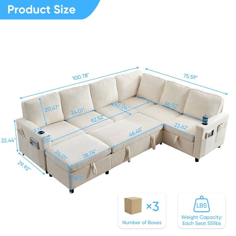Mixoy 6 Seat U-Shaped Modular Sectional Sofa with Pull Out Bed, Sleeper Sofa Bed with Cup Holders & Storage