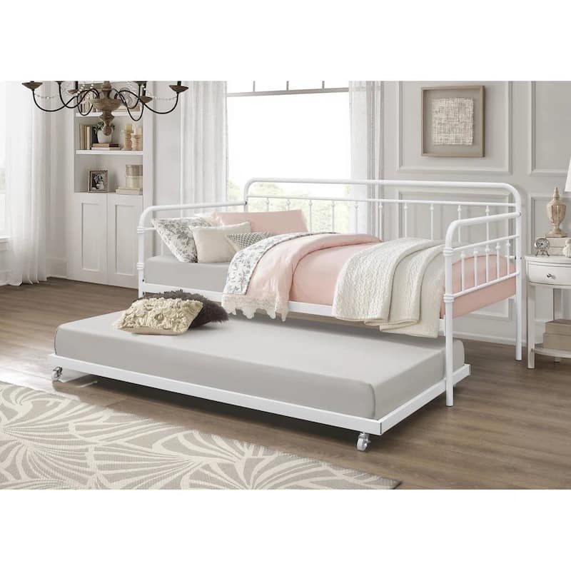 Twin size Rounded Iron Daybed with Roll Out Trundle Bed Frame