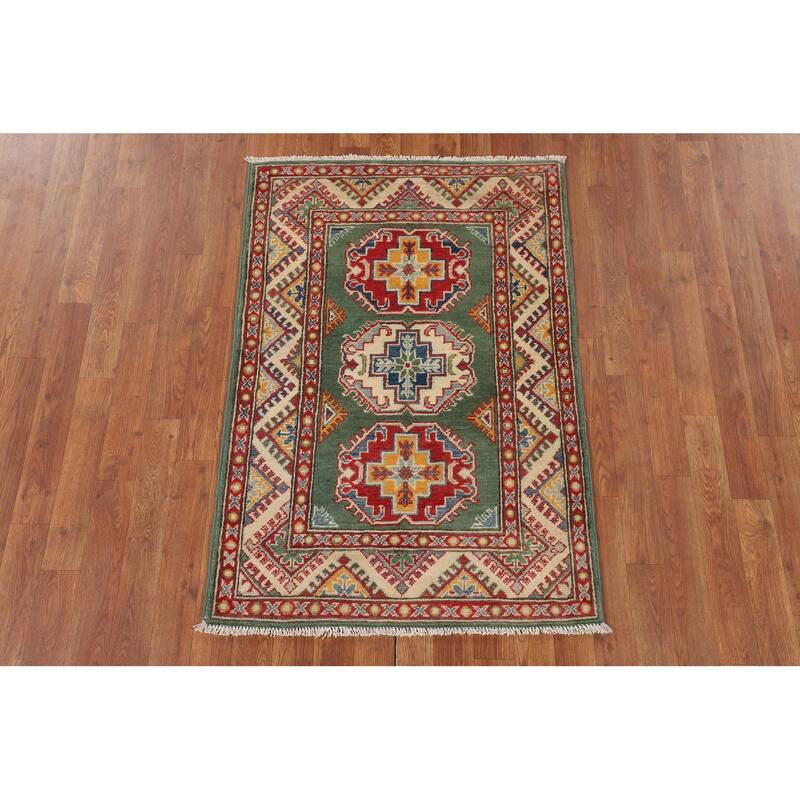 Green Geometric Kazak Accent Rug Hand-Knotted Wool Carpet - 2'9" x 3'11"