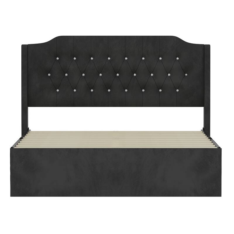 Queen Size Bed Frame with Crystal Button Accents, Bed Frame with Wingback Headboard and Under-Bed Storage Space