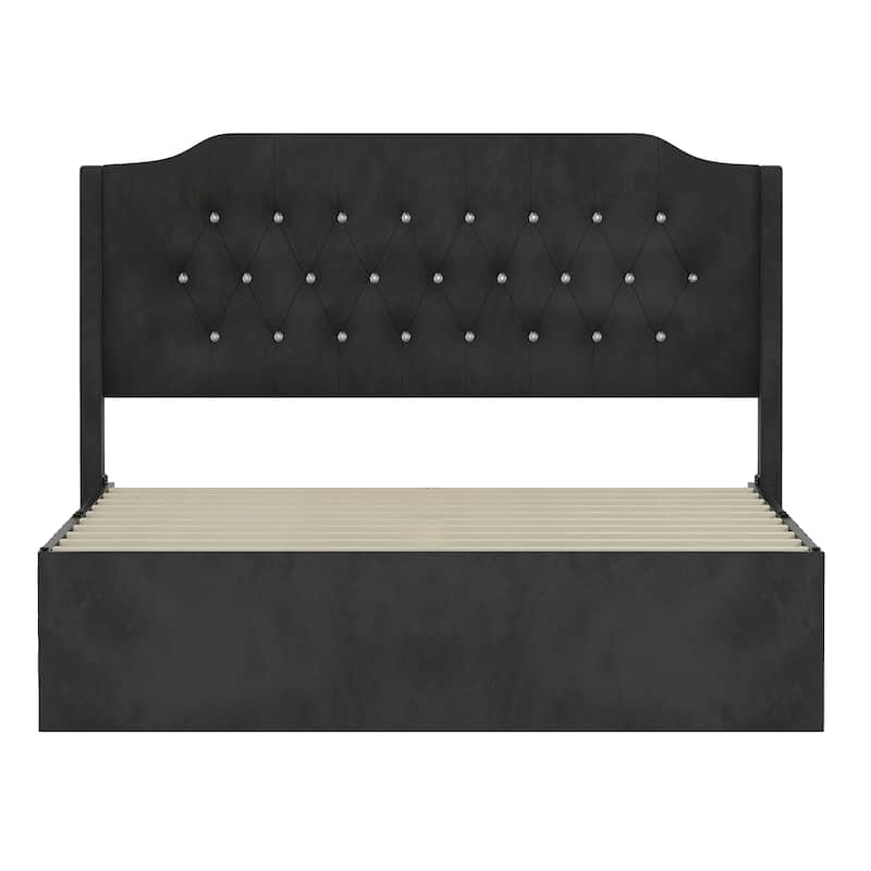 Queen Size Platform Bed with Wingback Headboard, Velvet Upholstered Bed Frame with Crystal Button Accents, Wood Slats Support