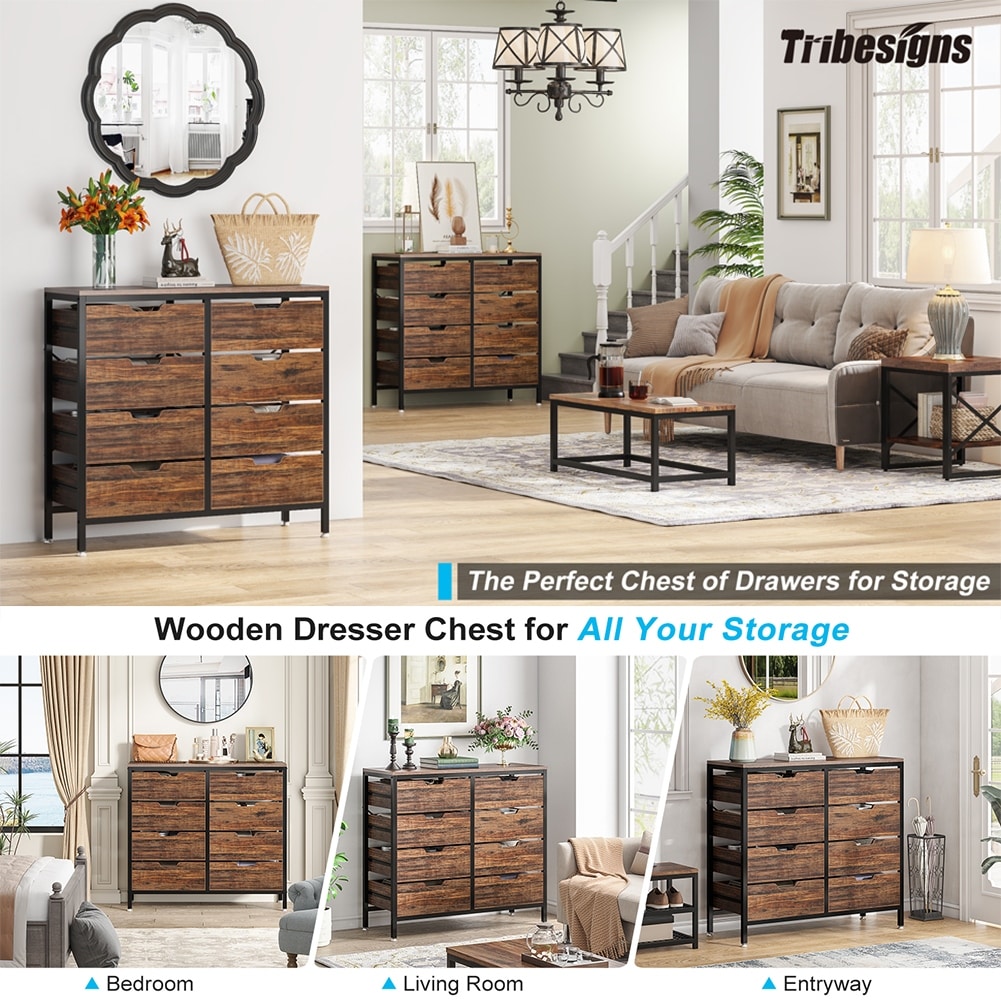 Tribesigns 8 Drawer Dresser, Wooden Tall Chest of Drawers with Ventilation Drawers, Storage Dresser for Bedroom, Living Room, Entryway, Rustic Brown