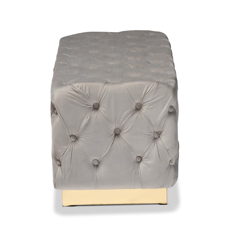 Corrine Glam and Luxe Velvet Fabric and Gold PU Leather Ottoman
