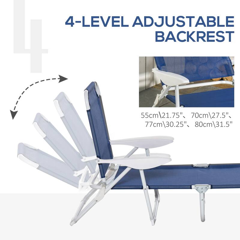 Folding Chaise Lounge, Outdoor Sun Tanning Chair, 4-Position Reclining Back, Armrests, Metal Frame and Mesh Fabric