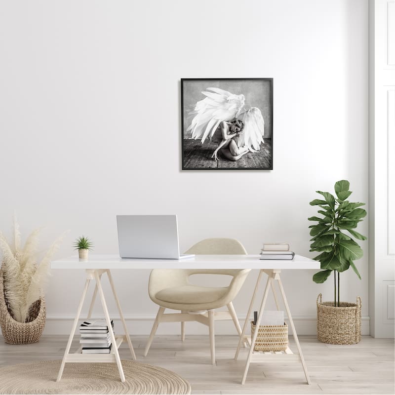 Stupell Magical White Angel Wings Woman Monochrome Photography Framed Wall Art - Grey