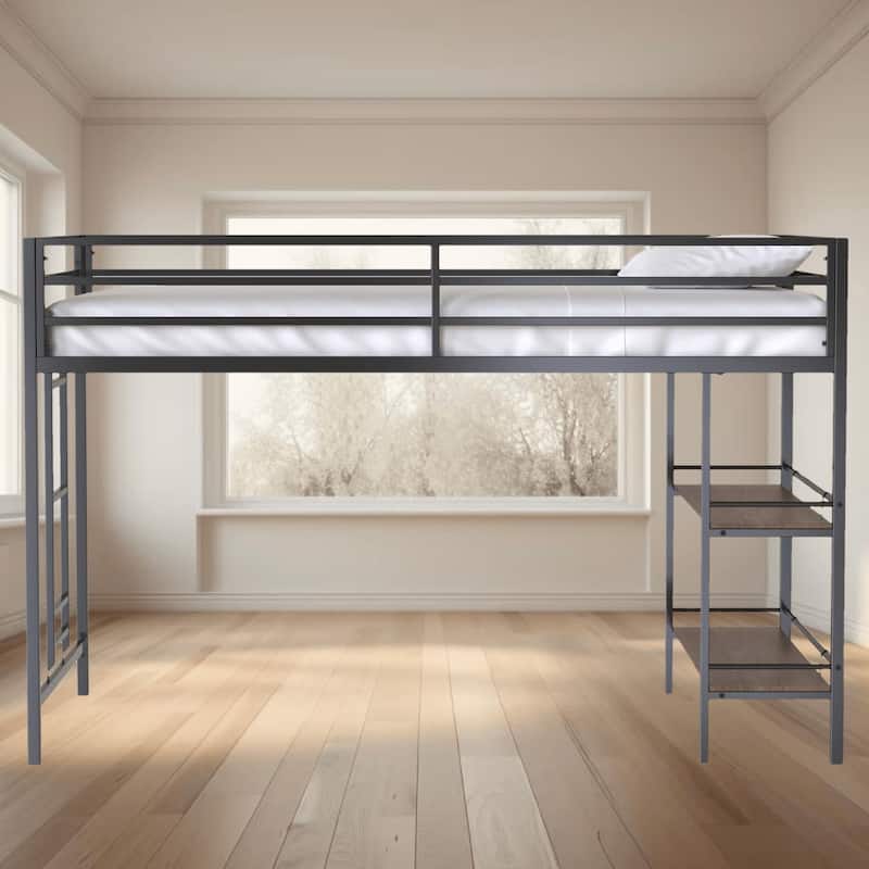 Sturdy Junior Twin Size Loft Platform Bed Frame with Cinnamon Wood Shelf and Easy Climbing Ladder, Space-Saving Design - Black - Twin