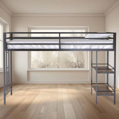 Sturdy Junior Twin Size Loft Platform Bed Frame with Cinnamon Wood Shelf and Easy Climbing Ladder, Space-Saving Design